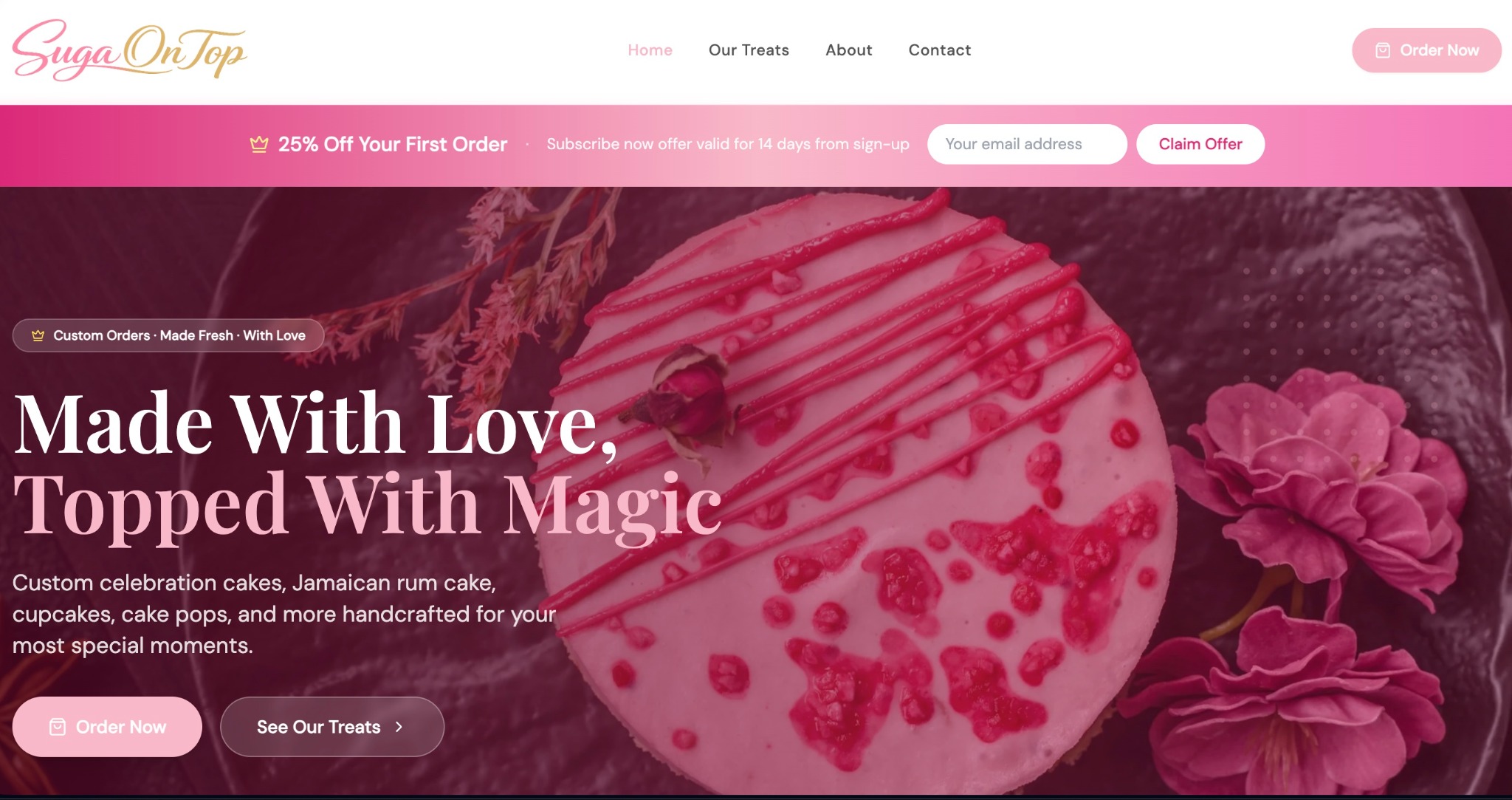 SugaOnTop bakery website screenshot
